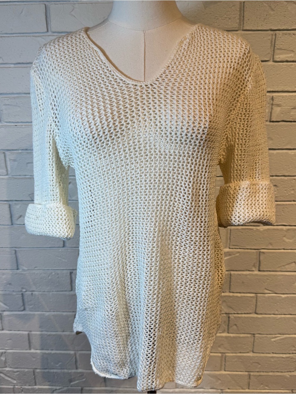 Vintage 60s 70s Bel Mor Lightweight Cream Mesh Knit Sweater Womens S/M